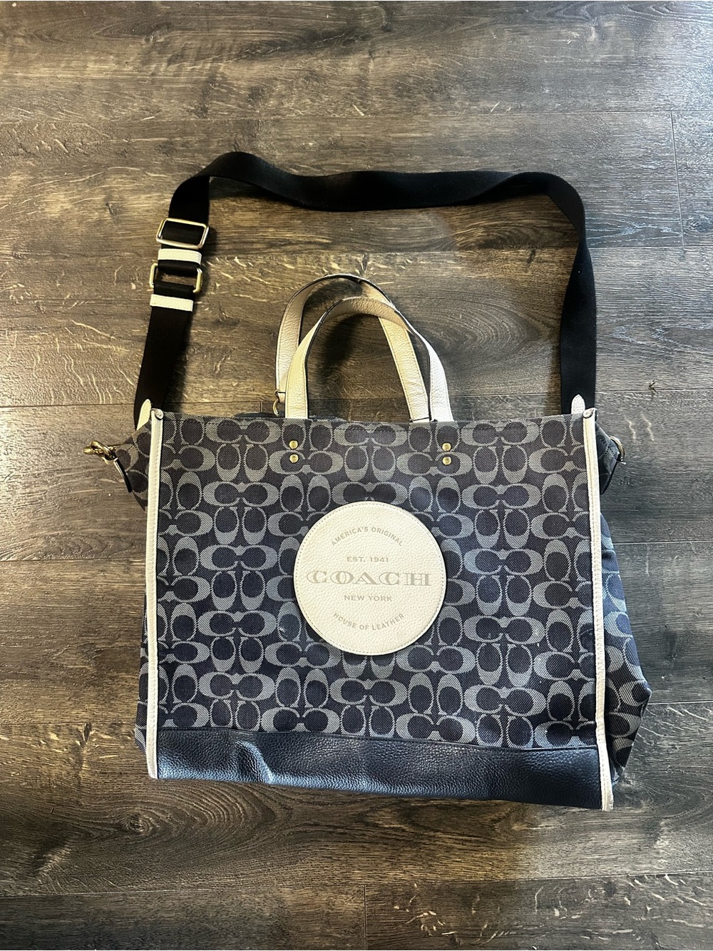 Coach Black and Cream Signature Tote with Adjustable Strap